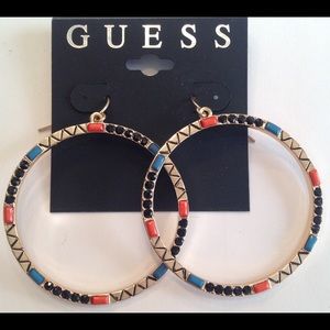 New Guess Gold & Color stone dangling hoops
